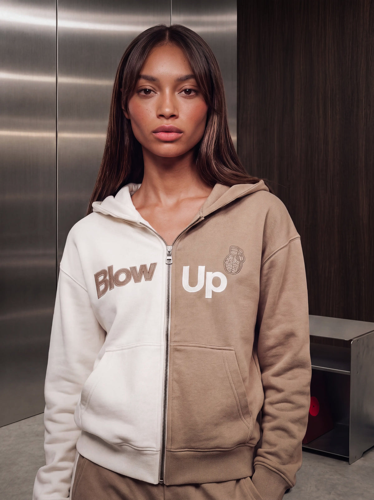 Cropped Hoodie Ivory & Tan